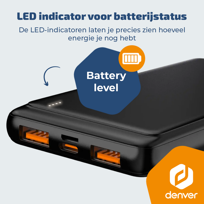 Denver Powerbank 10000 mAh - Met batterij indicator - Snelladen Power Delivery 22.5W - USB A/C - Micro USB - Universele Powerbank - PQC10009