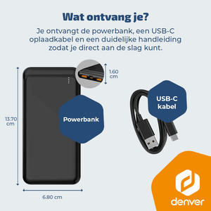 Denver Powerbank 10000 mAh - Met batterij indicator - Snelladen Power Delivery 22.5W - USB A/C - Micro USB - Universele Powerbank - PQC10009