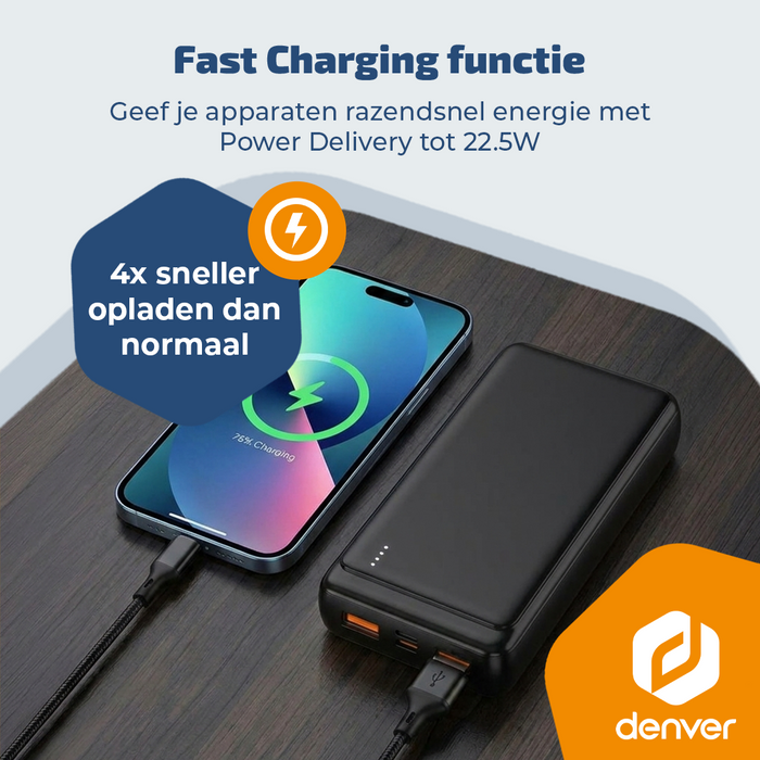 Denver Powerbank 20000 mAh - Met batterij indicator - Snelladen Power Delivery 22.5W - USB A/C - Micro USB - Universele Powerbank - PQC20009