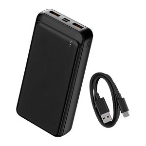 Zwarte Denver PQC20009 powerbank met USB-kabel, schuin vooraanzicht
