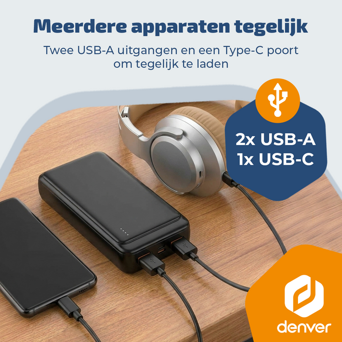 Denver Powerbank 20000 mAh - Met batterij indicator - Snelladen Power Delivery 22.5W - USB A/C - Micro USB - Universele Powerbank - PQC20009