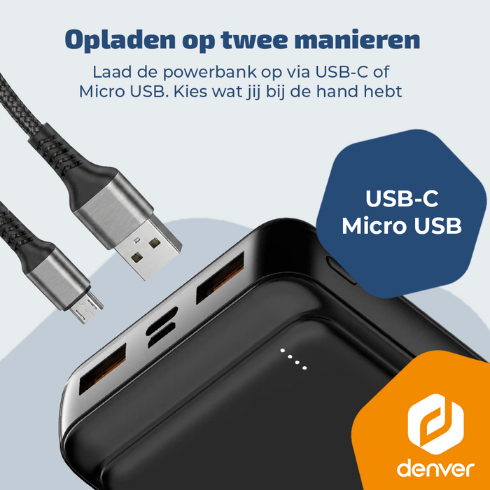Denver Powerbank 20000 mAh - Met batterij indicator - Snelladen Power Delivery 22.5W - USB A/C - Micro USB - Universele Powerbank - PQC20009