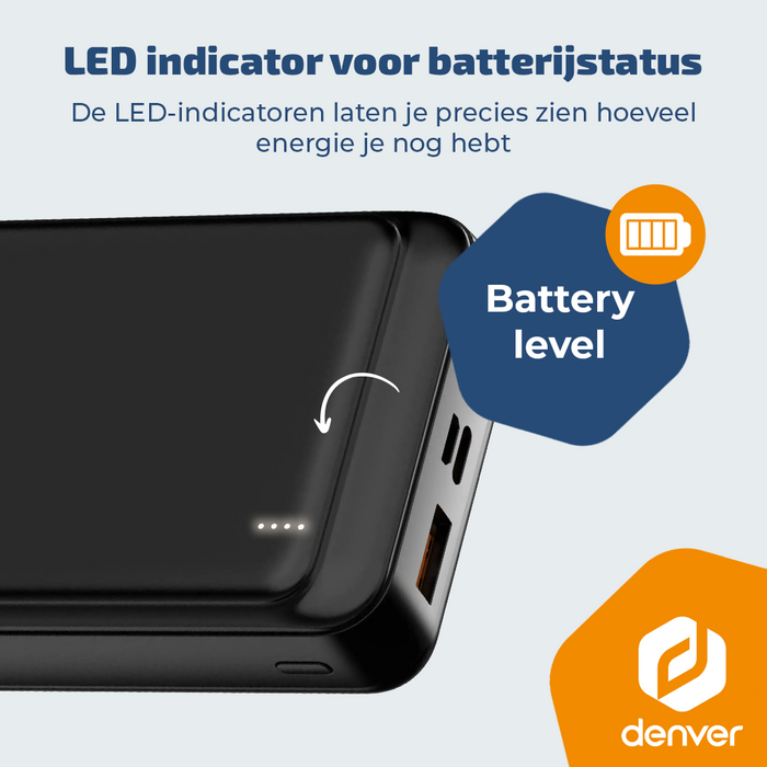 Denver Powerbank 20000 mAh - Met batterij indicator - Snelladen Power Delivery 22.5W - USB A/C - Micro USB - Universele Powerbank - PQC20009