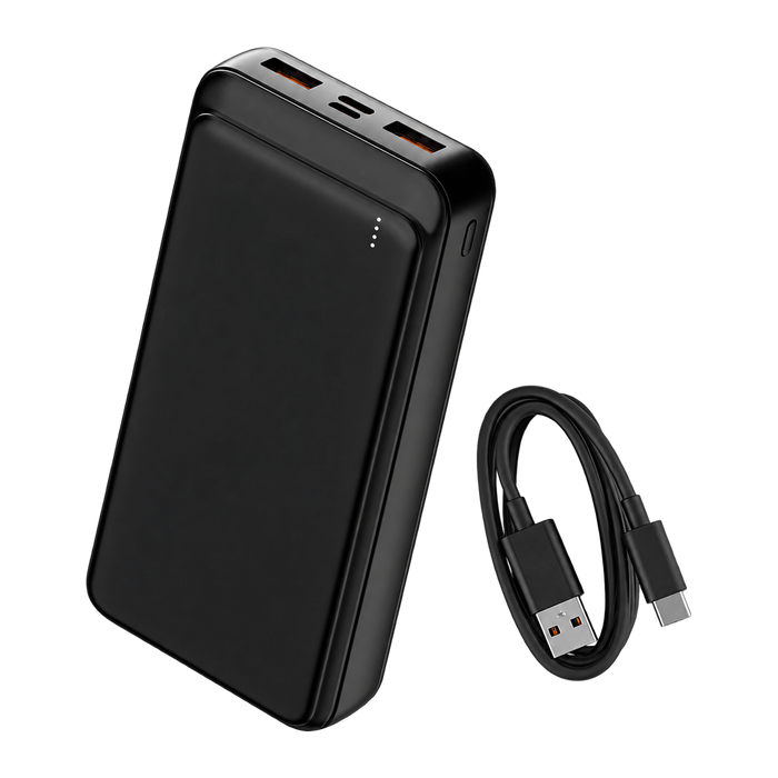 Zwarte Denver PQC20009 powerbank met USB-kabel, schuin vooraanzicht