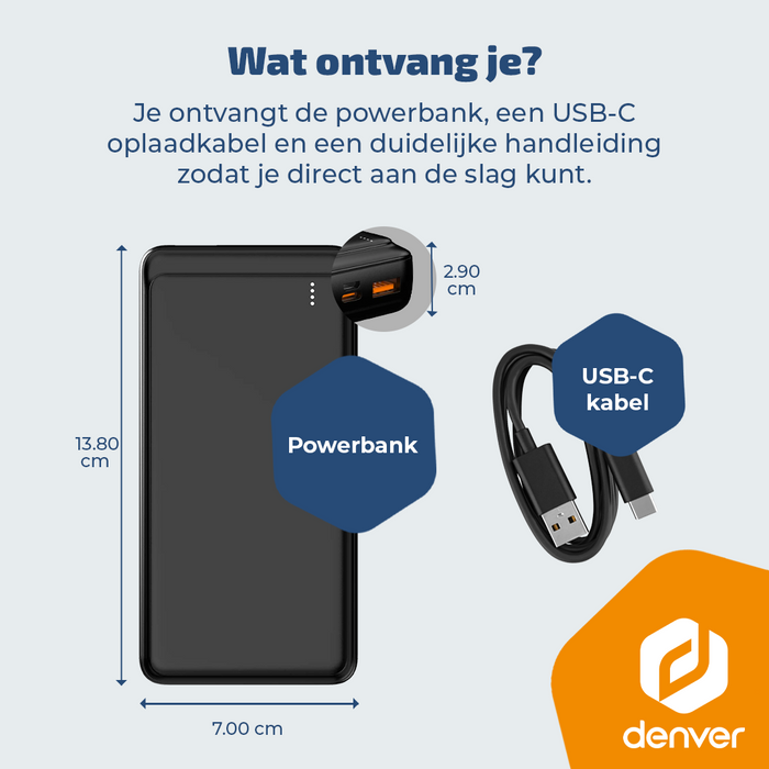 Denver Powerbank 20000 mAh - Met batterij indicator - Snelladen Power Delivery 22.5W - USB A/C - Micro USB - Universele Powerbank - PQC20009
