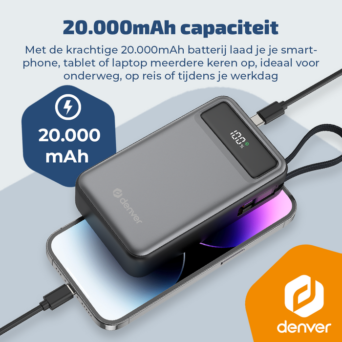 Denver Powerbank 20000 mAh - Met batterij indicator - Snelladen Power Delivery 65W - USB A/C - Universele Powerbank- Laptop oplader – PQCA20650