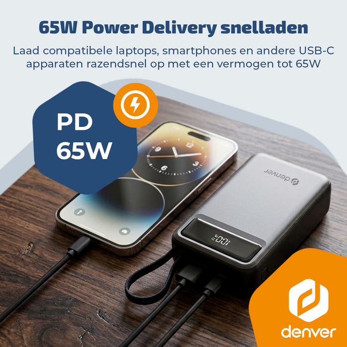 Denver Powerbank 20000 mAh - Met batterij indicator - Snelladen Power Delivery 65W - USB A/C - Universele Powerbank- Laptop oplader – PQCA20650