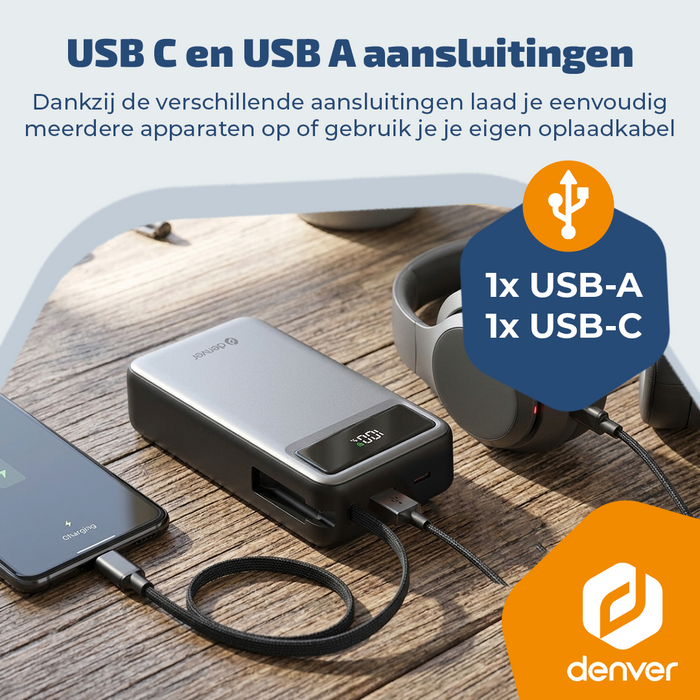 Denver Powerbank 20000 mAh - Met batterij indicator - Snelladen Power Delivery 65W - USB A/C - Universele Powerbank- Laptop oplader – PQCA20650