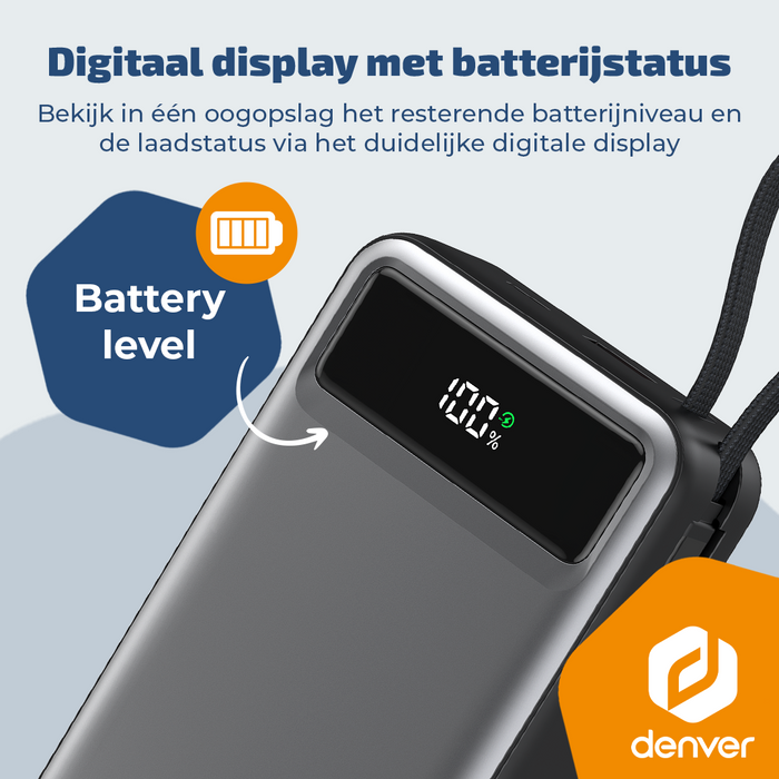 Denver Powerbank 20000 mAh - Met batterij indicator - Snelladen Power Delivery 65W - USB A/C - Universele Powerbank- Laptop oplader – PQCA20650