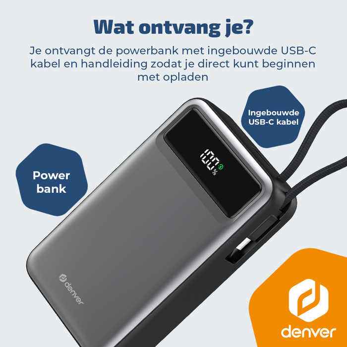 Denver Powerbank 20000 mAh - Met batterij indicator - Snelladen Power Delivery 65W - USB A/C - Universele Powerbank- Laptop oplader – PQCA20650