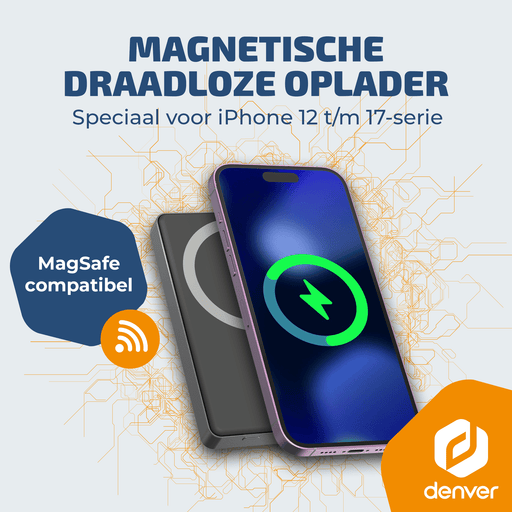 [Zwart] - Denver Powerbank - Magsafe - Magnetisch laden - Snelladen - iPhone 12-17 - PQCW10010 - Denvershop