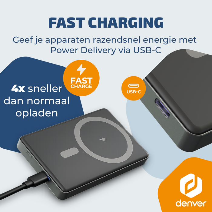 Denver Powerbank - Magsafe - Magnetisch laden - Snelladen - iPhone 12-17 - PQCW10010