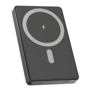 Denver PQCW10010 magnetische powerbank met MagSafe-ring, schuin vooraanzicht