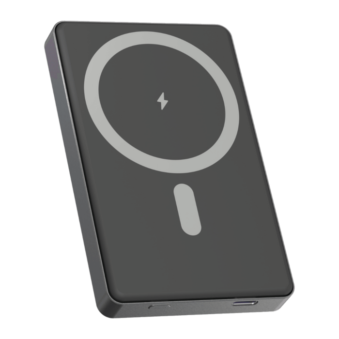 Denver PQCW10010 magnetische powerbank met MagSafe-ring, schuin vooraanzicht