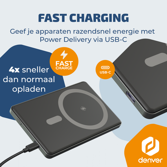Denver Powerbank - Magsafe - Magnetisch laden - Draadloos - iPhone 12-17 - PQCW5010