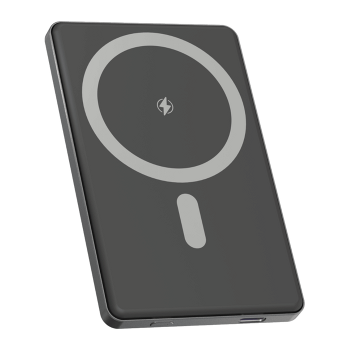 Denver PQCW5010 magnetische powerbank met MagSafe-ring, schuin vooraanzicht
