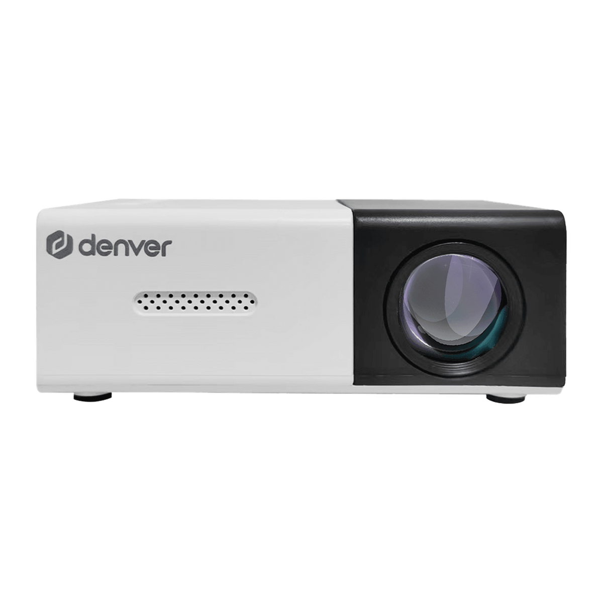 Denver PR1000 mini beamer in wit en zwart, vooraanzicht met lens