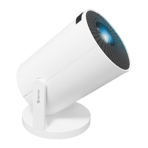 Denver PR1500 mini beamer in wit, schuin van voren op de voet