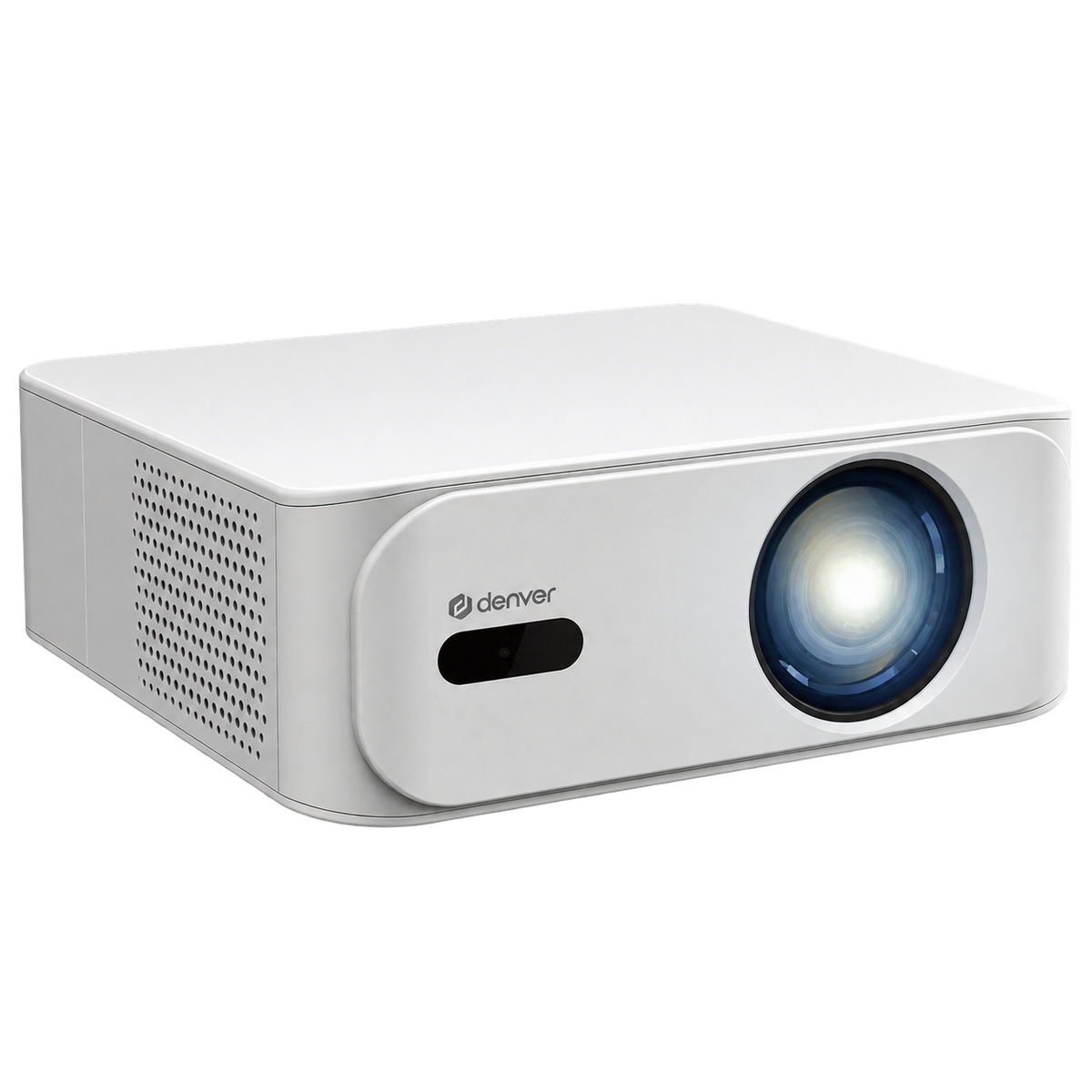 Denver PR4300 beamer in wit, schuin van voren met lens