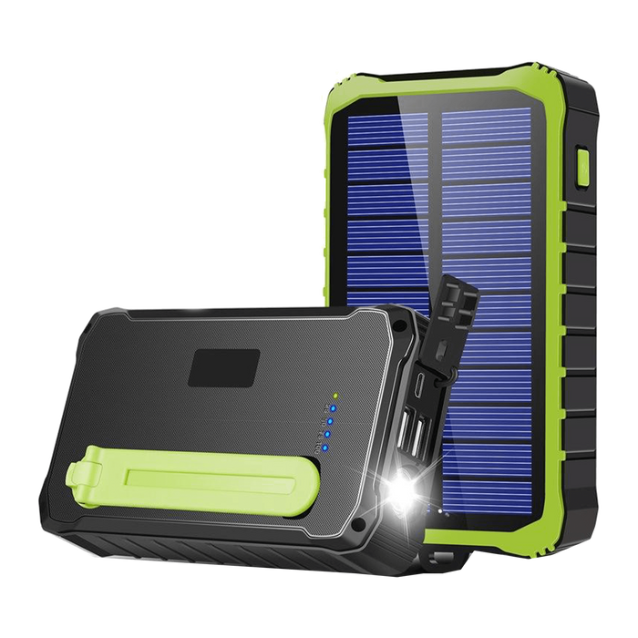 Denver PSO10012 solar powerbank met zonnepaneel, handzwengel en zaklamp, schuin vooraanzicht