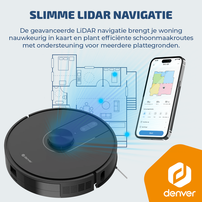 Denver Robotstofzuiger met Laadstation - Smartphone TUYA App - Amazon Alexa compatible -  LiDAR mapping - Zijborstel - Borstelloze motor -  Geschikt voor Huisdierharen - RVC135