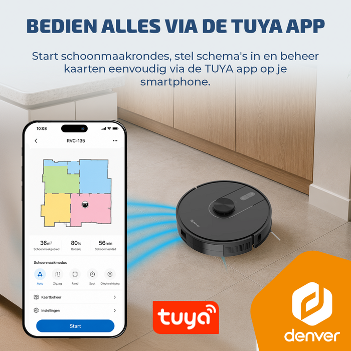Denver Robotstofzuiger met Laadstation - Smartphone TUYA App - Amazon Alexa compatible -  LiDAR mapping - Zijborstel - Borstelloze motor -  Geschikt voor Huisdierharen - RVC135