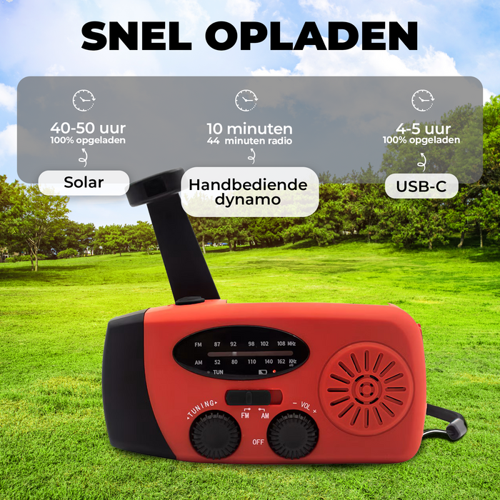 Denver Noodradio - Powerbank Zonneenergie - FM Radio - Noodpakket - Zaklamp - Opwindbaar - SOS Knop - Solar powerbank - SCR2005