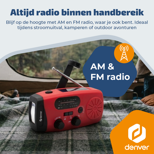 Denver Noodradio - Powerbank Zonneenergie - FM Radio - Noodpakket - Zaklamp - Opwindbaar - SOS Knop - Solar powerbank - SCR2007