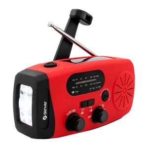 Denver SCR2007 rode noodradio met zwengel, antenne en zaklamp, schuin vooraanzicht