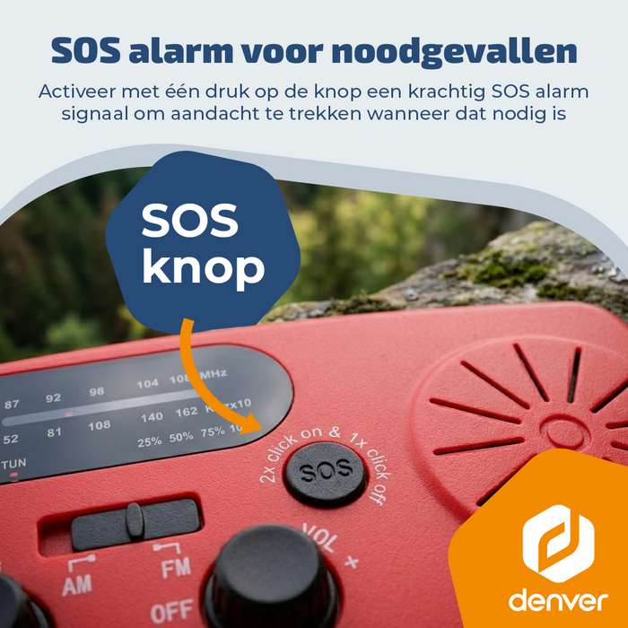 Denver Noodradio - Powerbank Zonneenergie - FM Radio - Noodpakket - Zaklamp - Opwindbaar - SOS Knop - Solar powerbank - SCR2007