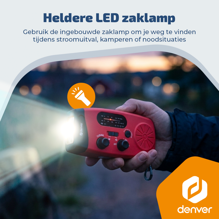 Denver Noodradio - Powerbank Zonneenergie - FM Radio - Noodpakket - Zaklamp - Opwindbaar - SOS Knop - Solar powerbank - SCR2007