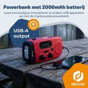 Denver Noodradio - Powerbank Zonneenergie - FM Radio - Noodpakket - Zaklamp - Opwindbaar - SOS Knop - Solar powerbank - SCR2007