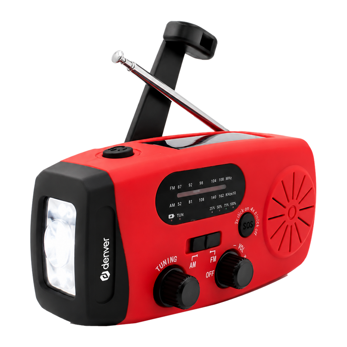Denver SCR2007 rode noodradio met zwengel, antenne en zaklamp, schuin vooraanzicht