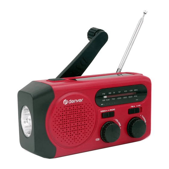 Denver SCR2010 noodradio in rood met zwart, schuin vooraanzicht met zaklamp en zwengel