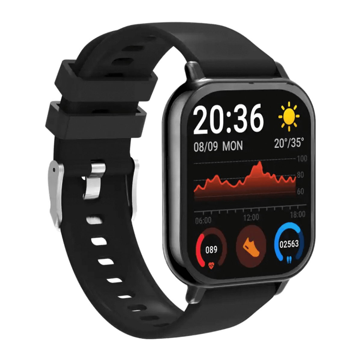 [Zwart] Denver SWC176 zwarte smartwatch met 1,81 inch vierkant scherm en klok 20:36, schuin vooraanzicht