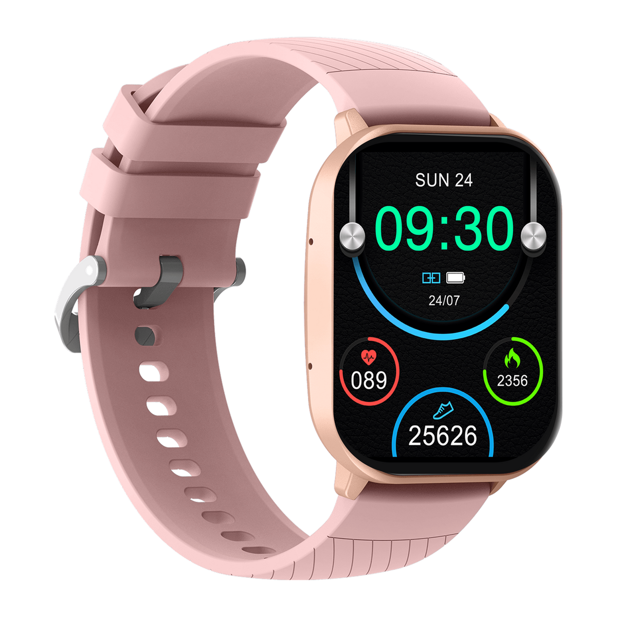 [Roze] Denver SWC187 smartwatch met AMOLED-scherm en klok 09:30, schuin vooraanzicht