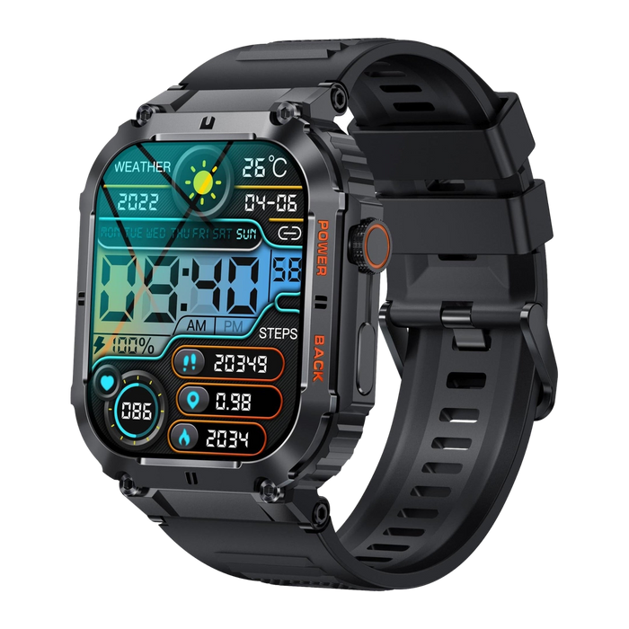 Denver SWC191 robuuste smartwatch met kleurrijke digitale wijzerplaat, schuin vooraanzicht