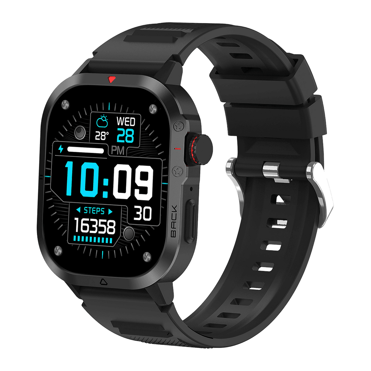 Denver SWC195 smartwatch met AMOLED-scherm en klok 10:09, schuin vooraanzicht