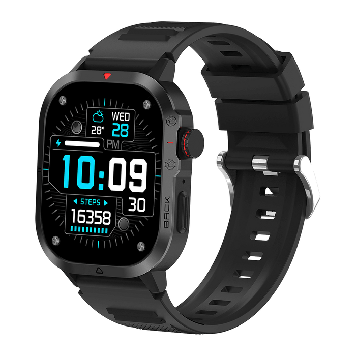 Denver SWC195 smartwatch met AMOLED-scherm en klok 10:09, schuin vooraanzicht