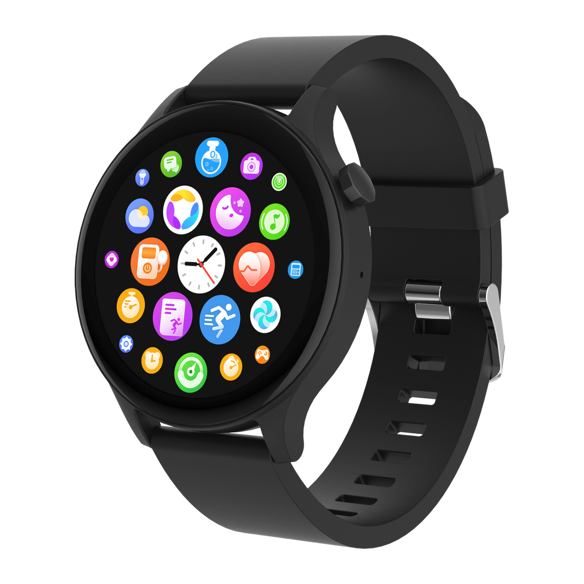 [Zwart] Denver SWC338 ronde smartwatch met gekleurde app-pictogrammen, schuin vooraanzicht