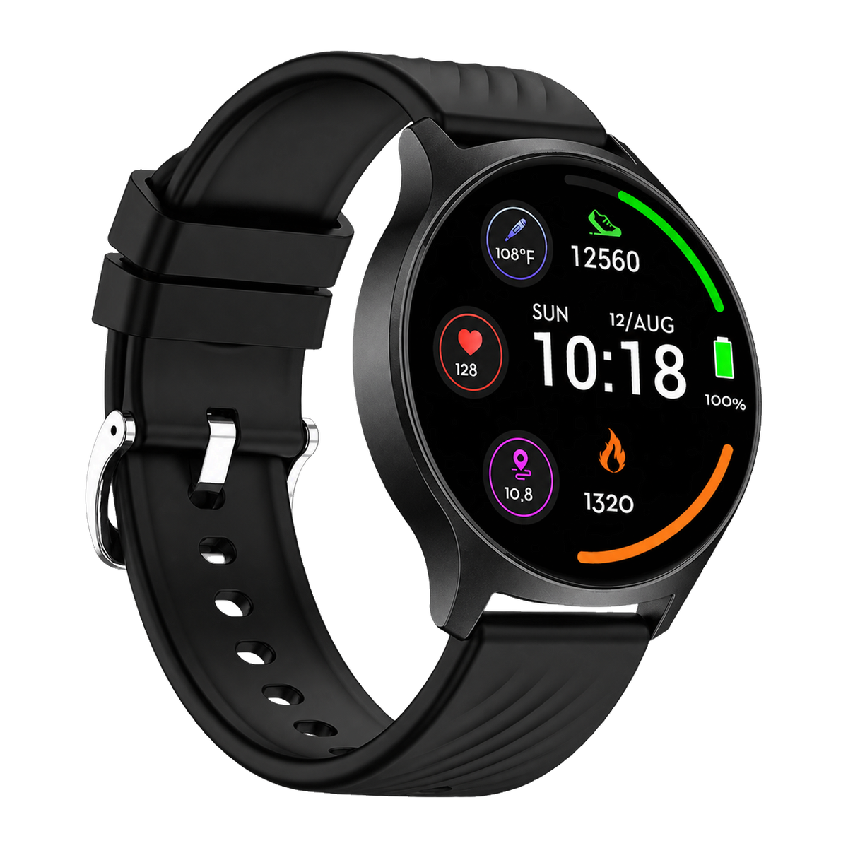 [Zwart] Denver SWC387 ronde smartwatch in zwart met AMOLED-scherm en klok 10:18, schuin vooraanzicht