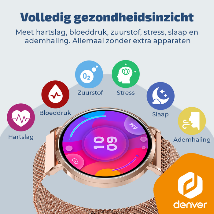 Denver Smartwatch - AMOLED - Hartslagmeter - Saturatiemeter - 100 sportmodi - Milanese bandje - Android iOS - SWC394