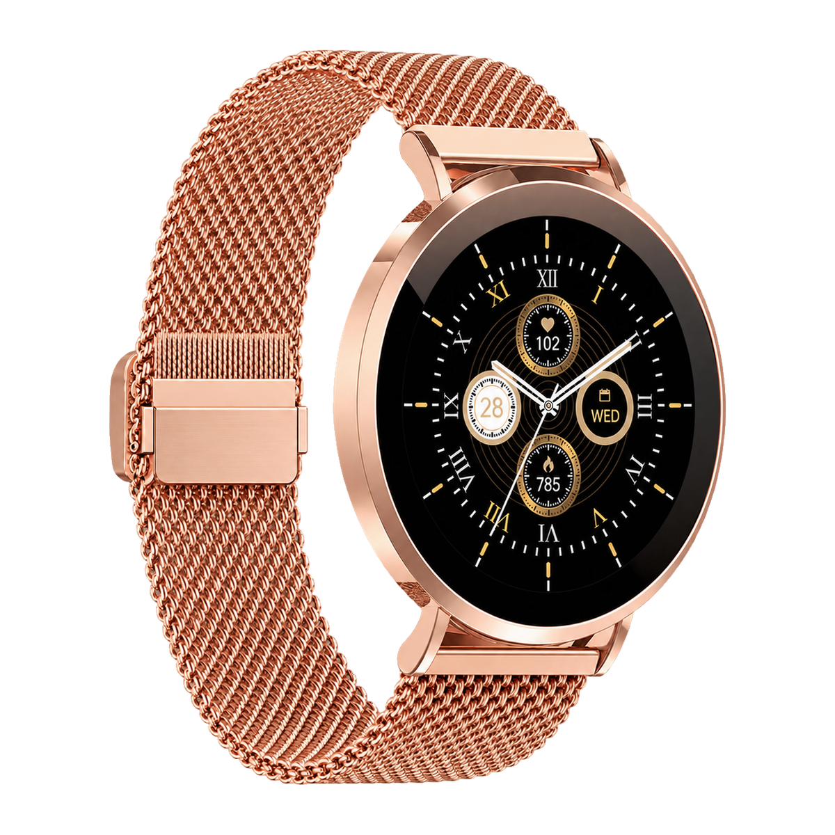 [Roségoud] Denver SWC394 ronde smartwatch met rosé gouden milanese band en zwarte wijzerplaat, vooraanzicht