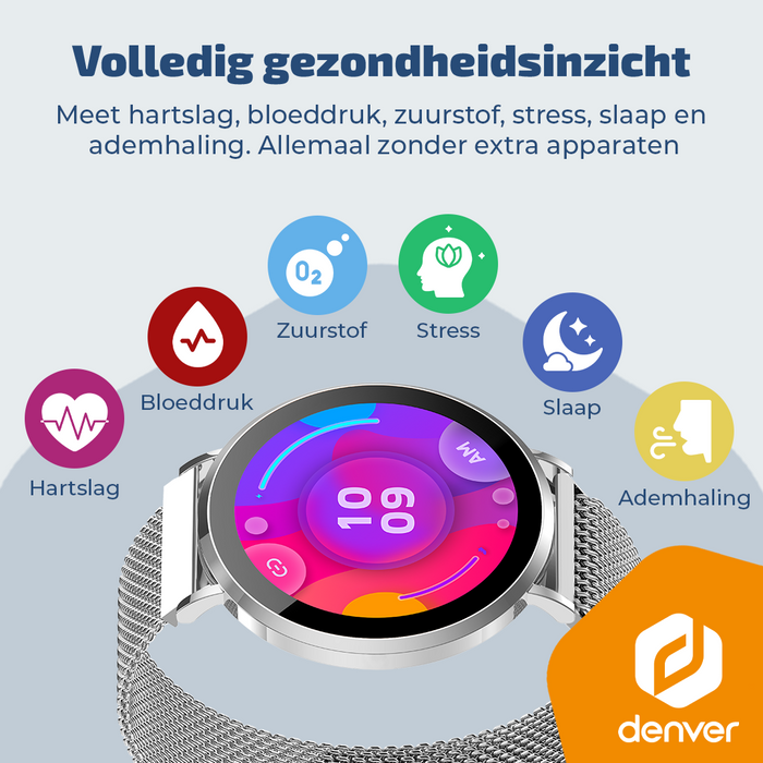 Denver Smartwatch - AMOLED - Hartslagmeter - Saturatiemeter - 100 sportmodi - Milanese bandje - Android iOS - SWC394