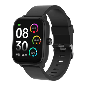 Denver SWG155 zwarte smartwatch met vierkant scherm en klok 08:30, schuin vooraanzicht