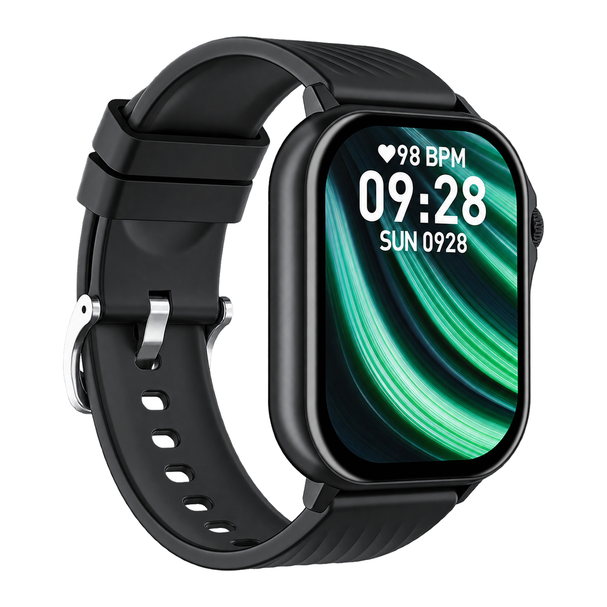 Denver SWG159 zwarte smartwatch met groen scherm en klok 09:28, schuin vooraanzicht