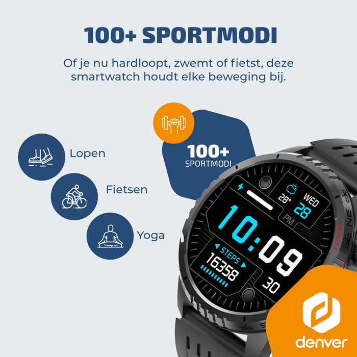 Denver Smartwatch - Bluetooth - 100 sportmodi - Hartslagmeter - Volledige belfunctie - Android iOS - SWG345