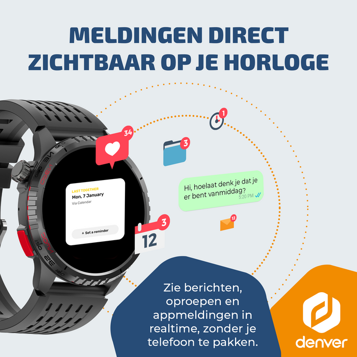 Denver Smartwatch - Bluetooth - 100 sportmodi - Hartslagmeter - Volledige belfunctie - Android iOS - SWG345