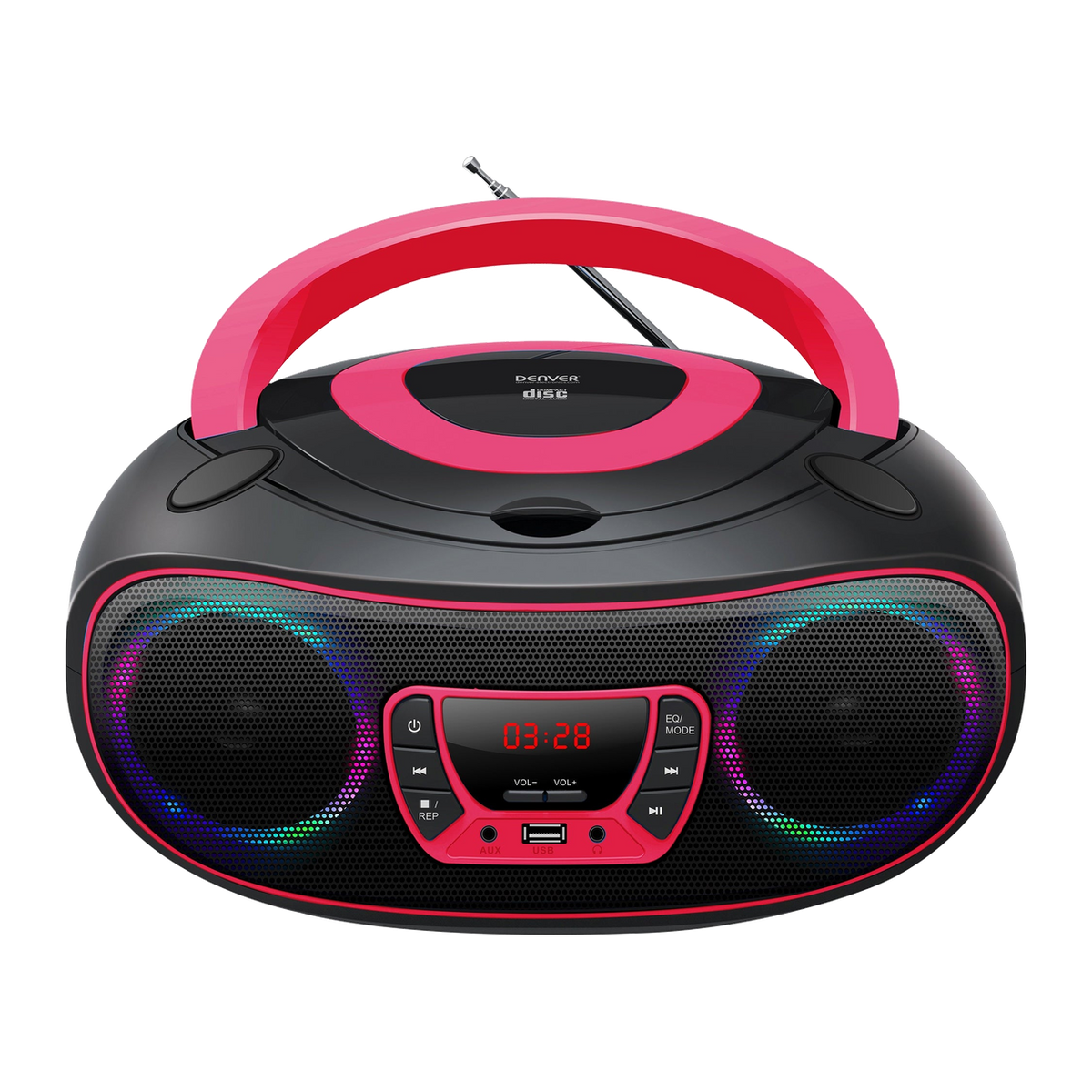 [Roze] Denver TCL212BT kinderradio met cd-speler, roze handvat en lichteffecten, schuin vooraanzicht