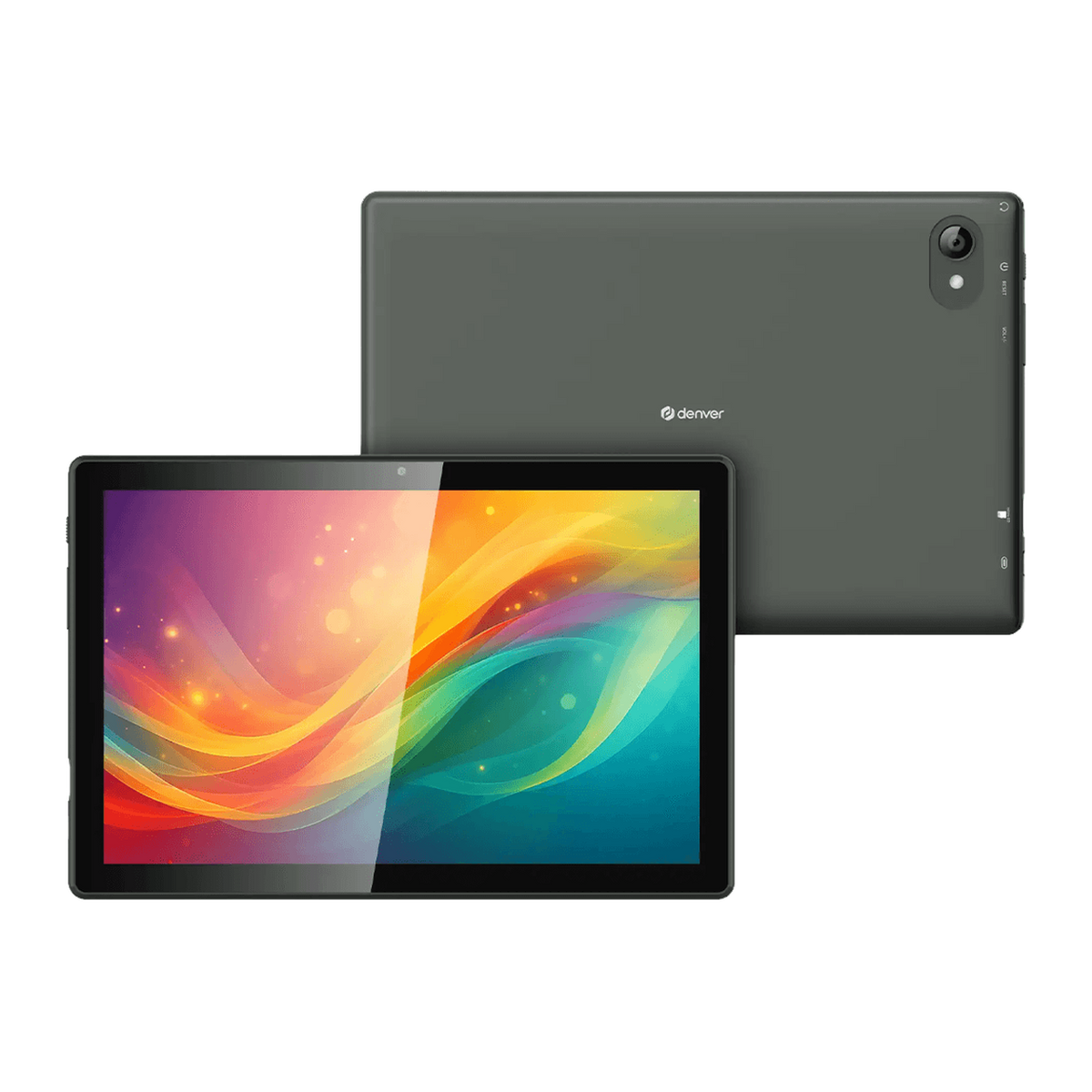 Denver TIO10525 tablet van 10,1 inch, voor- en achterkant in grijs